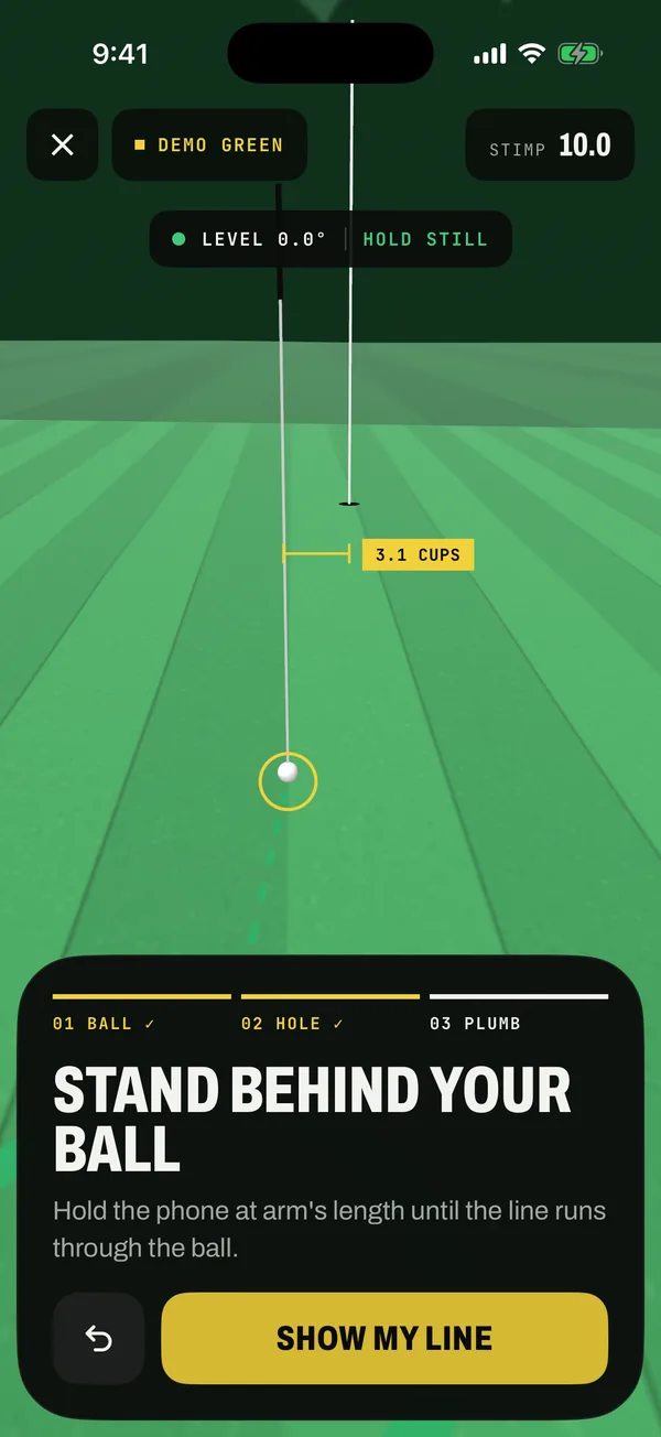 Plumb Bob's plumb step: a vertical line through the ball, with the cup showing 3.1 cups to the side it breaks