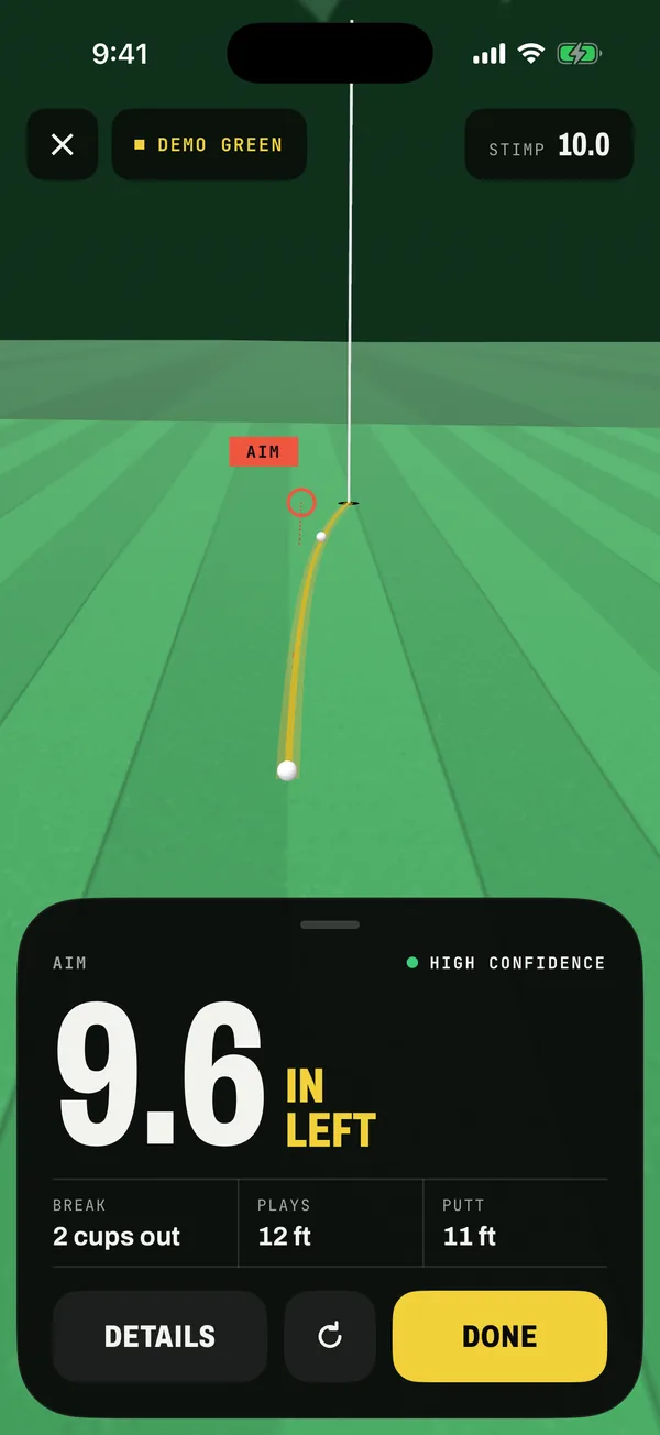 A read in AR: aim 9.6 inches left, 2 cups of break, plays 12 feet