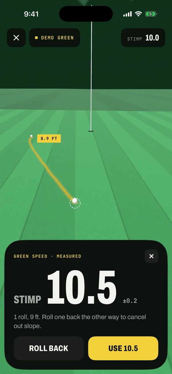 Green speed measured: Stimp 10.5 from one 9 foot roll